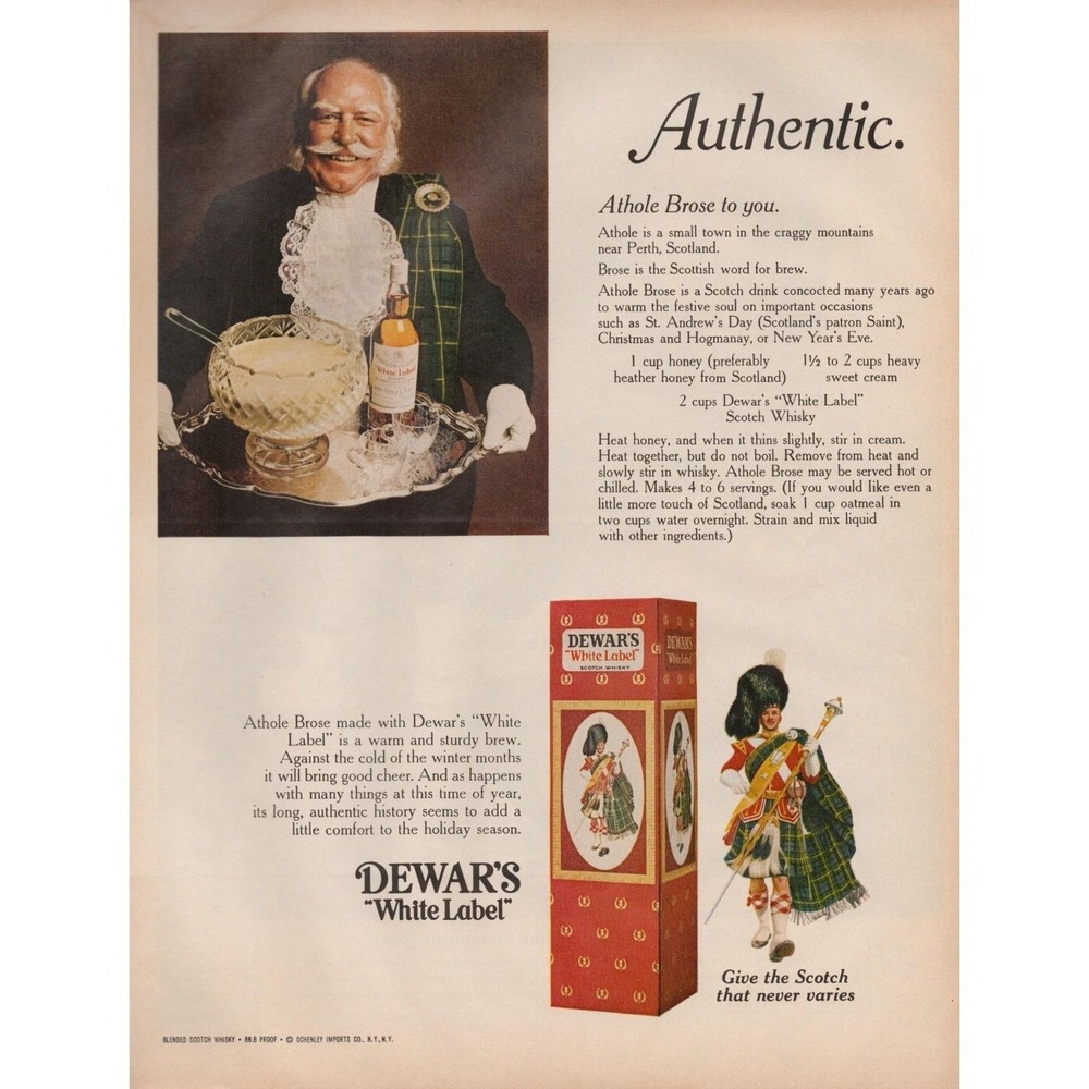 Dewar's White Label Scotch Authentic Athole Brose Recipe Vintage‎ Print Ad 1970
